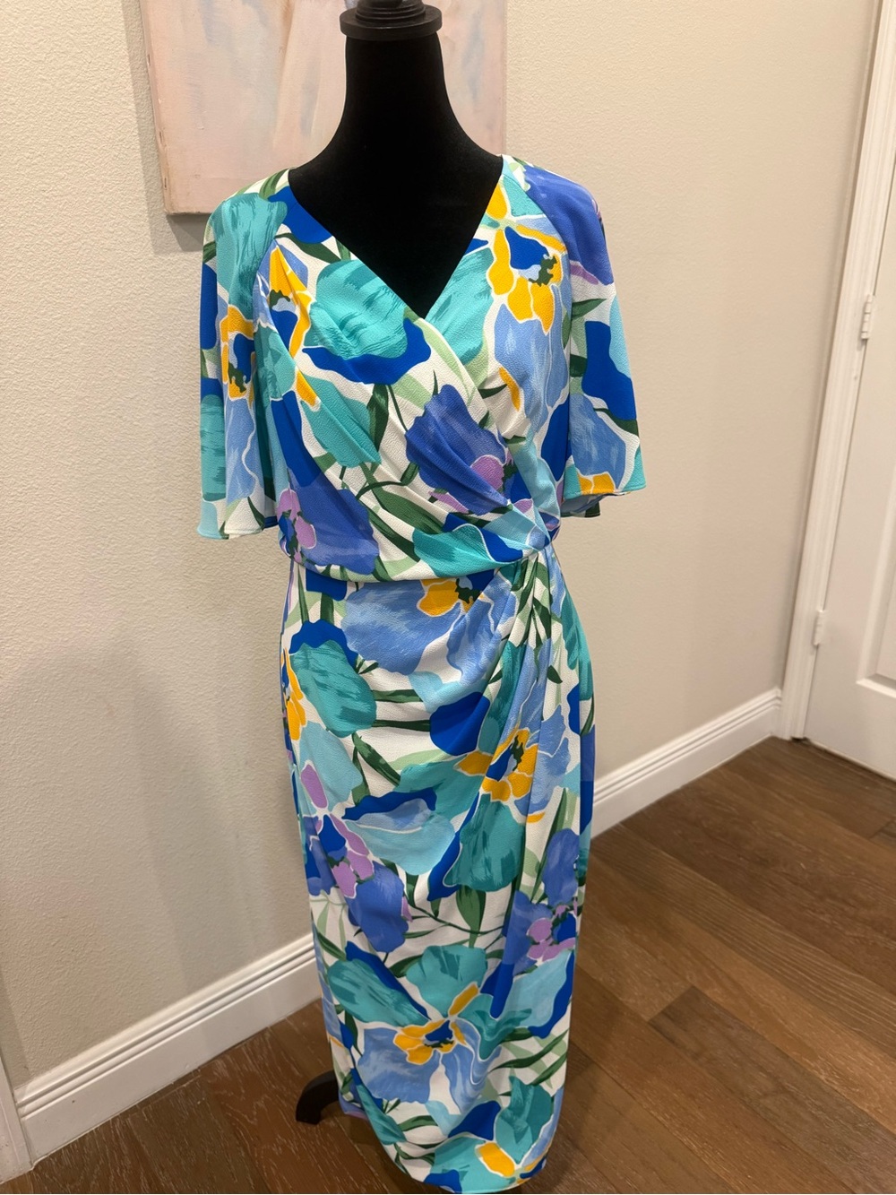 Maggy London Floral Maxi Dress in Blue, Teal, Yellow, Green